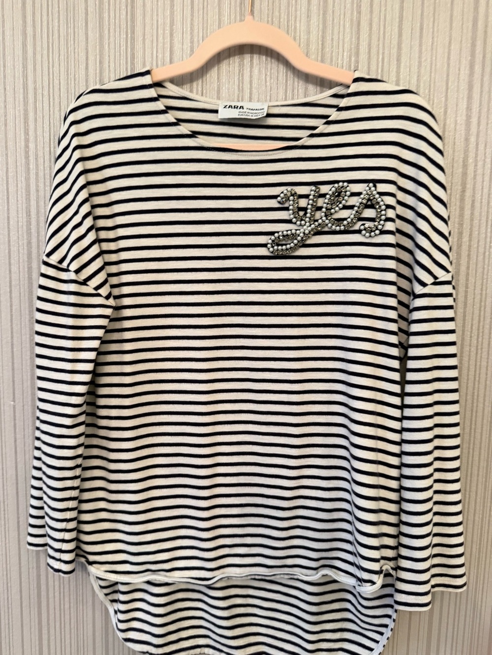 Zara Black & White Striped Embellished Knit Top